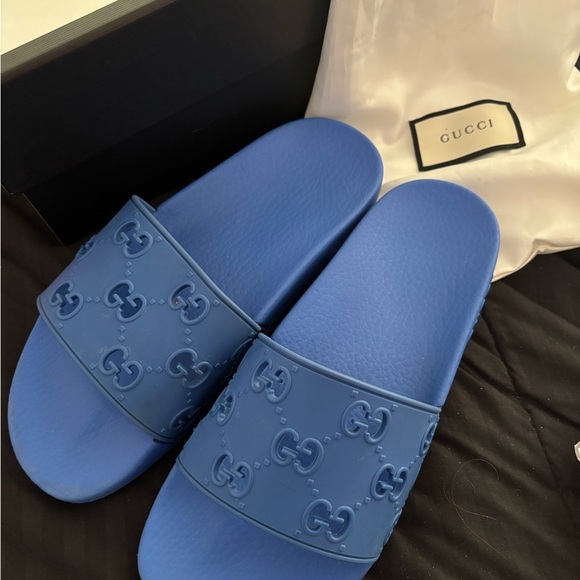 Gucci Other - Gucci Signature Logo Embossed Blue Slides / Sandals / Flip Flops